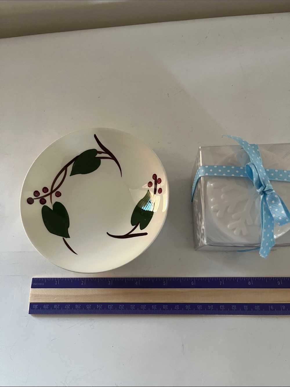 Blur Ridge Pottery hand painted dish with C&Barrel decorative soap set